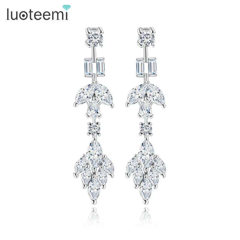 LUOTEEMI Design Women Brinco Wedding Accessories Bling Zircon Rhodium Gold Plated Long Drop Earrings for Bridal