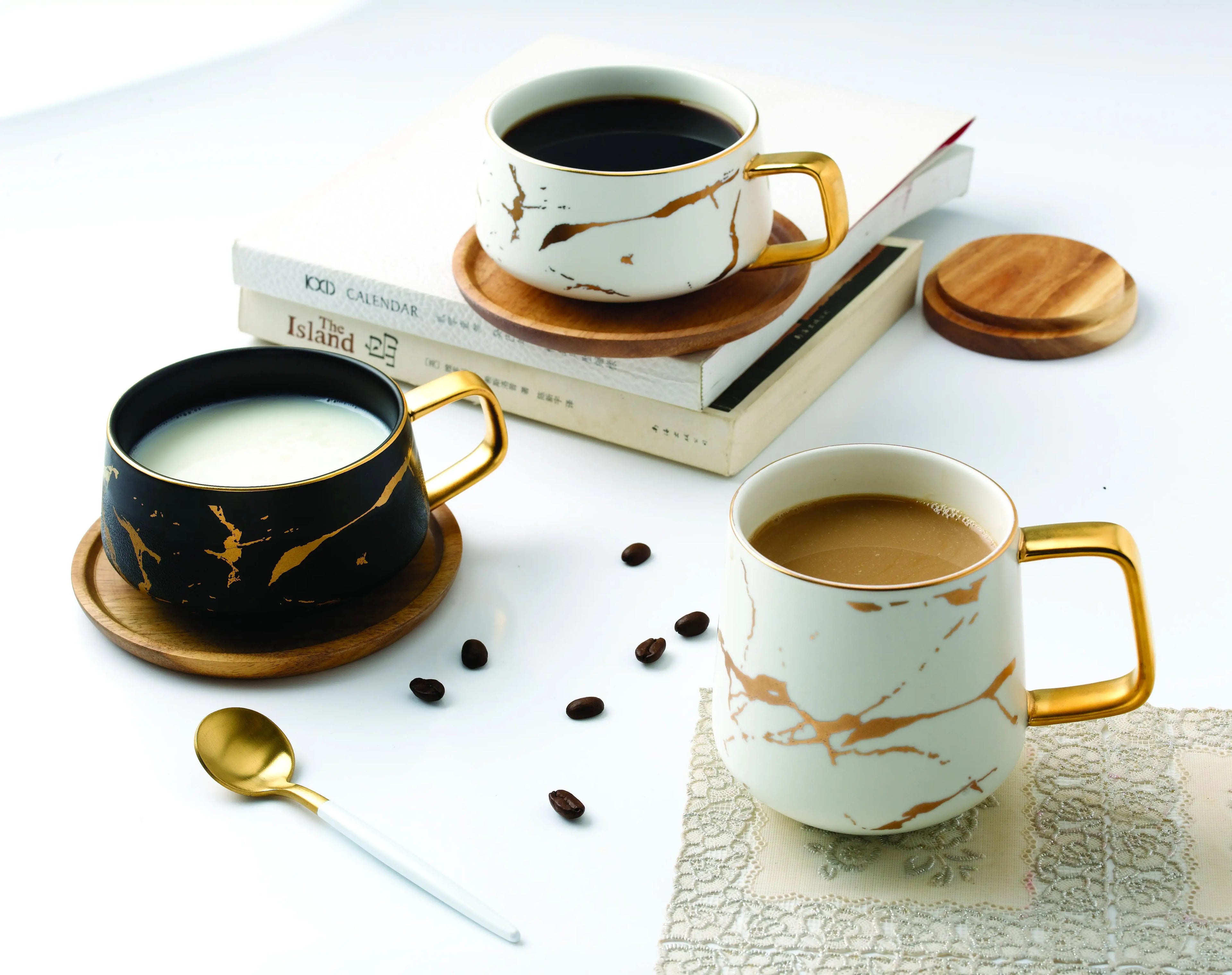 Ceramic Mug Coffee Milk Cup Design Porcelain Handle Luxury Color Box Mugs Modern Houseware and Golden Chic Marble with Wood Lid
