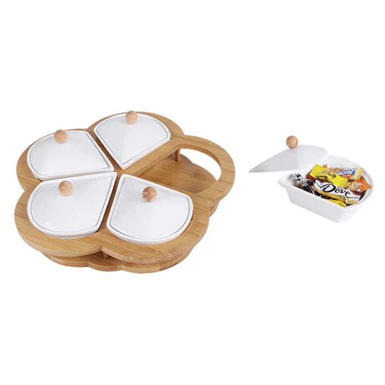 Creative Multifunctional Eco-Friendly Bamboo & Ceramic 5 Compartment Food Storage Box with Lid