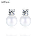 LUOTEEMI New Fashion Created Pearl Round Cut Clear Cubic Zirconia Ear Stud Earrings for Women Jewelry Brinco