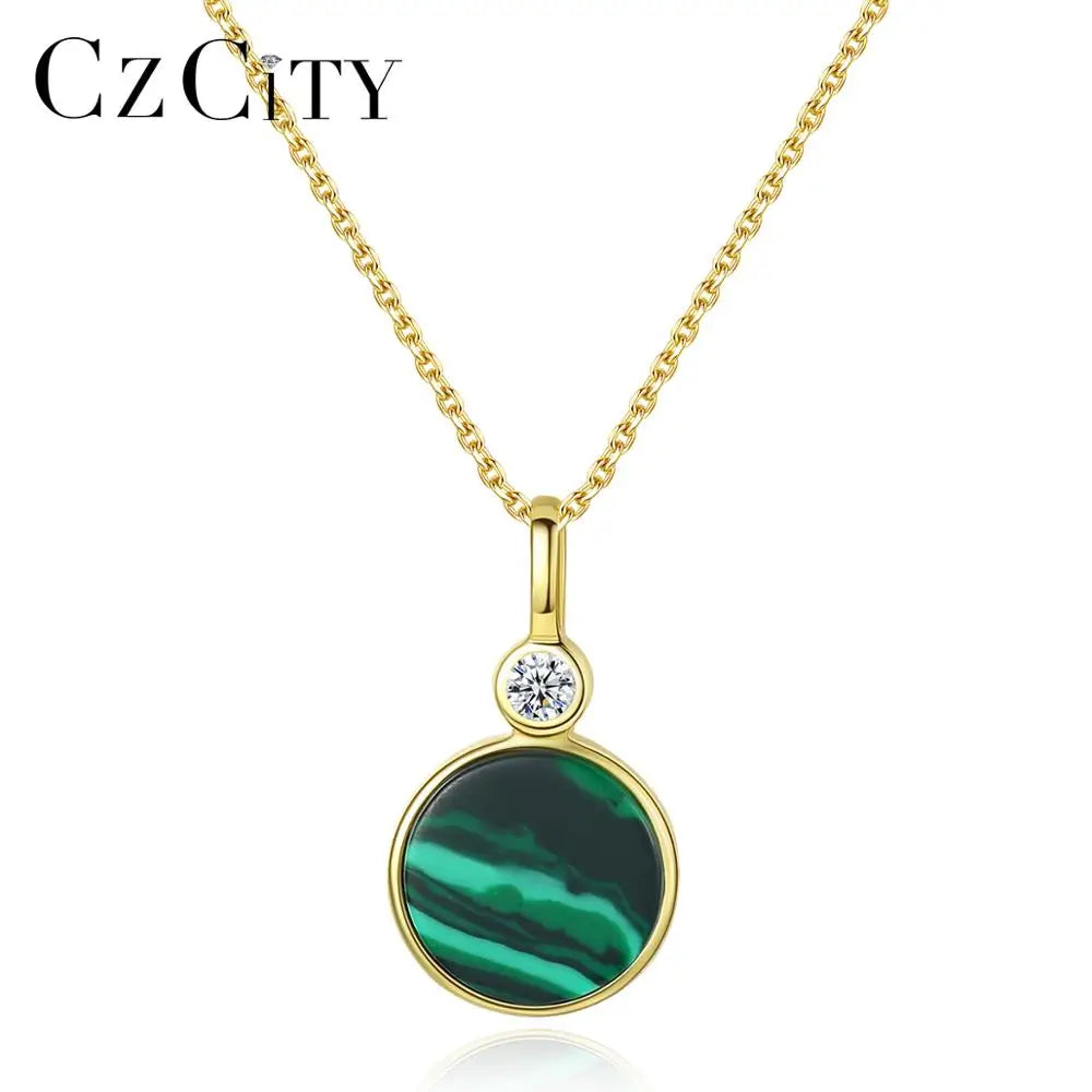 CZCITY Bezel Setting Round CZ S925 Sterling Silver 18K Gold Plating Malachite Stone Pendant Necklace