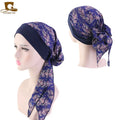 Hot Women Vintage Print Comfortable Wide Band Pre Tied Turban Night Sleep Hat Chemo Cap Silky African HeadWraps TJM-329AB