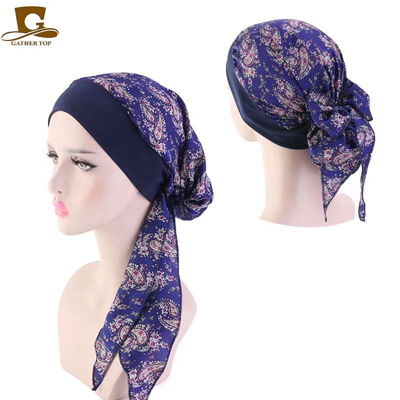 Hot Women Vintage Print Comfortable Wide Band Pre Tied Turban Night Sleep Hat Chemo Cap Silky African HeadWraps TJM-329AB