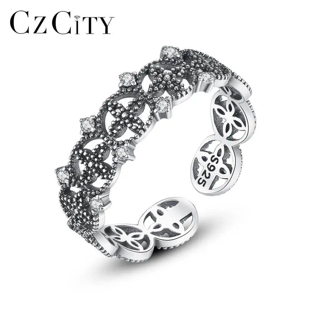 CZCITY Fashion Vintage Tai Silver Ring Flower Shaped Antique Engagement Rings for Women Wedding High Quality Gift