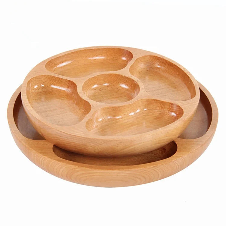 Creative Handmade Eco-Friendly 30cm Round Beech Wood Five Grids Snacks Dried Fruits Dish