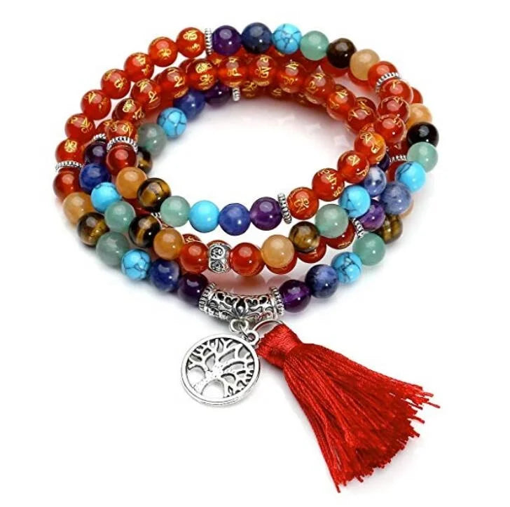 6mm Rune Red Agate with Tree of Life Tassel Charm 108 Meditation Healing 7 Chakra Mala Prayer Beads Bracelet Necklace
