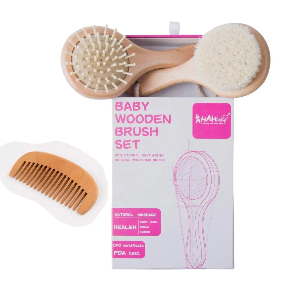 Custom Natural Wooden Baby Goat Hair Brush Set Eco-Friendly Soft Bristle Baby Care Massage Brush for Kids 0-3 Years