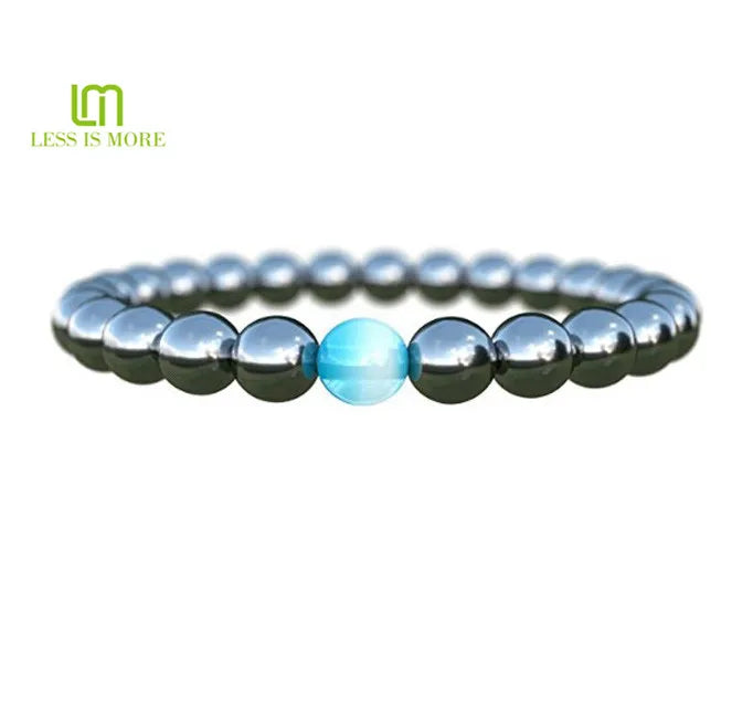 Mens Bracelet Semi-Precious Natural Stones Onyx or Hematite Handmade Bracelets with Blue Opal