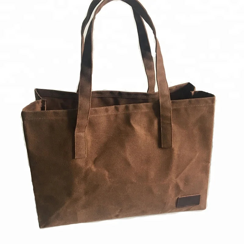 Waxed Canvas Stand up Shopping Tote Bag Handmade Strong Grocery Bag Extra Large Carryall Shoulder Bag