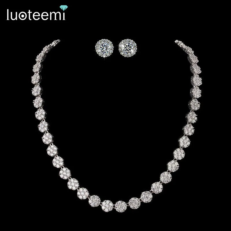 LUOTEEMI Fashion Real Rhodium White Gold Plated a AA+ Cubic Zirconia Stone Earrings and Necklace for Wedding Bride Jewelry Set