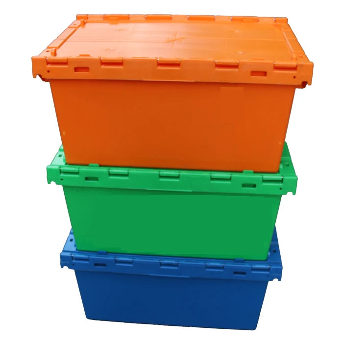 80L custom PP Attached Lid Container Nestable And Stackable shipping crates Plastic Storage Stackable Crate