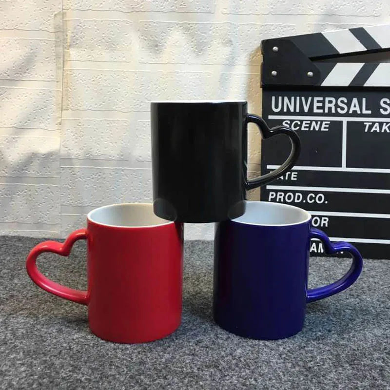11oz Advertising Gifts Ceramic Cups for Christmas/DIY Crafts-Color Changing/Magic Mug with Heart Handles for Sublimation