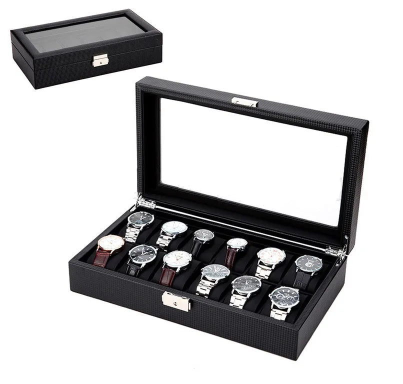 12 Slot Glass Lid High Grade Wholesale Black Carbon Fiber Luxury Leather PU Watch Storage Box Zhuangqun W2310 Buckle Closure