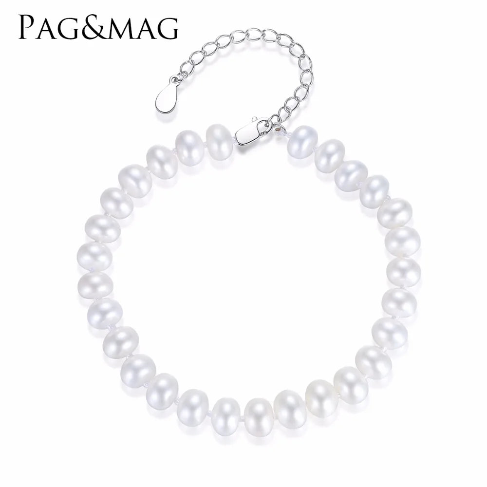 Pag&Mag Wholesale Women Wedding Jewelry Fancy Pretty Freshwater 7-8mm Pearl Bangle & 925 Sterling Silver Chain Beaded Bracelet