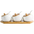 White Glazed Slant Shape Round Spice Condiment Seasoning Jars Ceramic  Canister with Bamboo Lid and Spoon