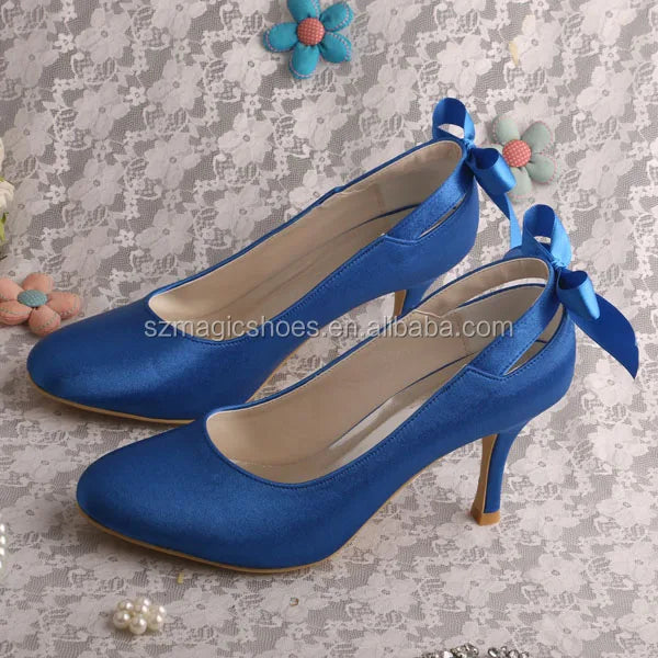 Bridal Blue Round toe High Heels Women Ribbon Satin Bow In Back