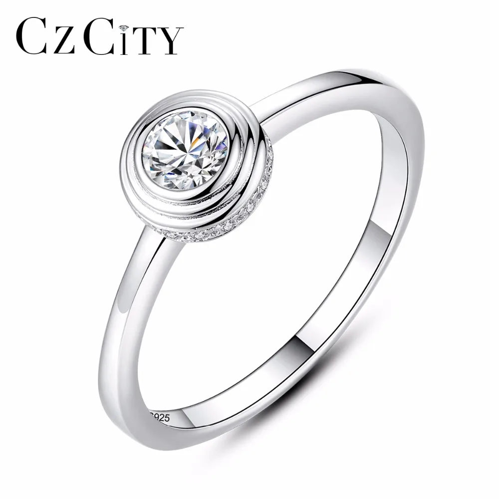 CZCITY the Latest Design 925 Silver Round Circle Shape Engagement Ring Mounting Clear Cubic Zircon Stone Dor Elegant Women Party