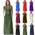 New Fashion Women's Summer Casual Long Dress Empire Waist Short Sleeve O-Neck Solid Color Pocket Breathable Floor-Length Design