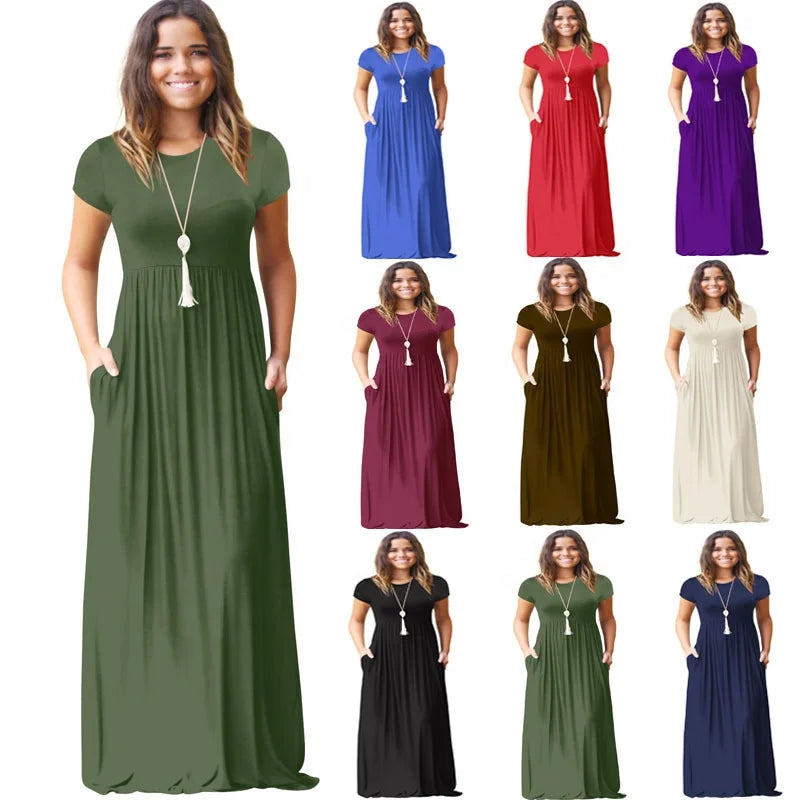 New Fashion Women's Summer Casual Long Dress Empire Waist Short Sleeve O-Neck Solid Color Pocket Breathable Floor-Length Design