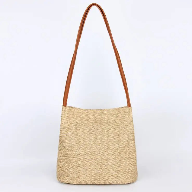 Brief Design Handwoven Leather Handle Rattan Weave Summer Straw Clutch Shoulder Bags Women Handbags Beach Bag Tote Bag
