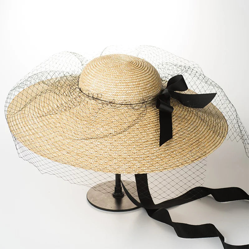 Custom Luxury Fashion Women Veil Design Wide Brim Straw Hat for Women Lady Stage Wedding Music Festival