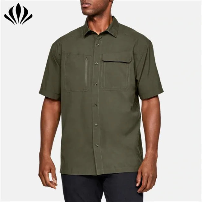 Private Label Quick Dry 100% Polyester Men Short Sleeve  Tactical Shirt With Double Secure Chest Pocket