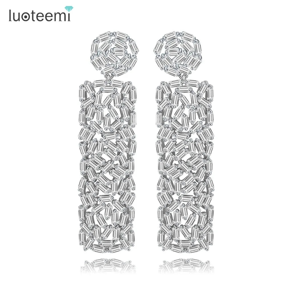 LUOTEEMI Women Newst Pure Baguette CZ Diamond Trendy Engagement Big Long Dangle Earring Fashion