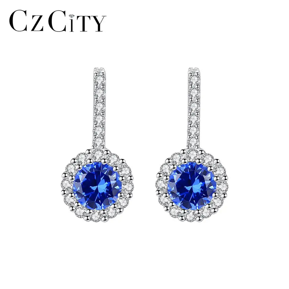 CZCITY Classic Round Gemstone Silver Stud Earrings 925 Silver Women Jewelry Flower CZ Ear Studs