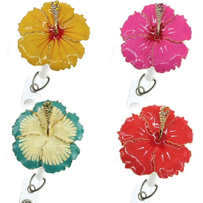 Doctor/Nurse Accessories Popular 45mm Zinc Alloy Gold Hawaiian Hibiscus Flowers Retractable ID Badge Holder Reel Lead