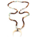 Bohemian Tribal Jewelry Amazonite Pic jasper tiger Eye Stone Ox Horn 108beads Mala Necklace Crescent Moon Pendant Necklace