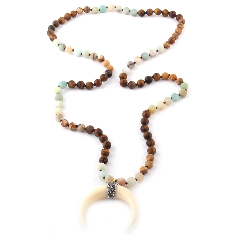 Bohemian Tribal Jewelry Amazonite Pic jasper tiger Eye Stone Ox Horn 108beads Mala Necklace Crescent Moon Pendant Necklace
