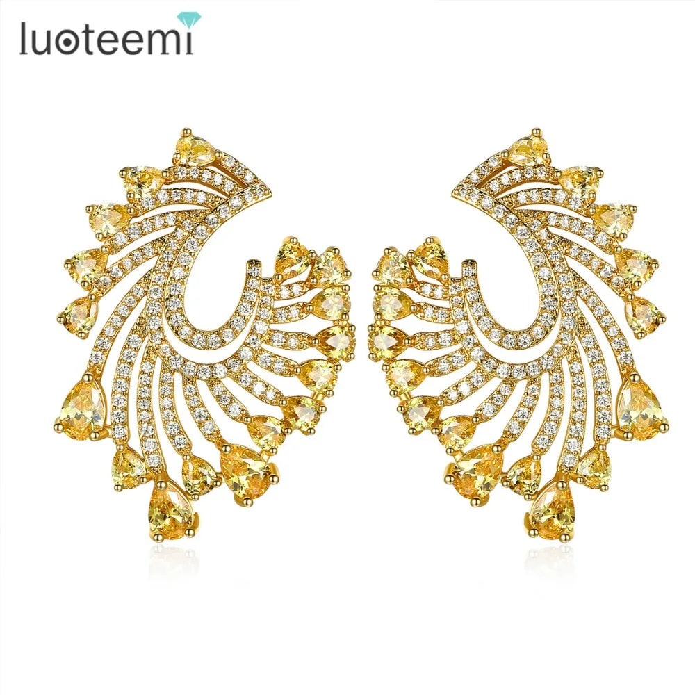 LUOTEEMI New Luxury Gold Plated Fashion Yellow Cubic Zirconia Big Women Earrings for Party