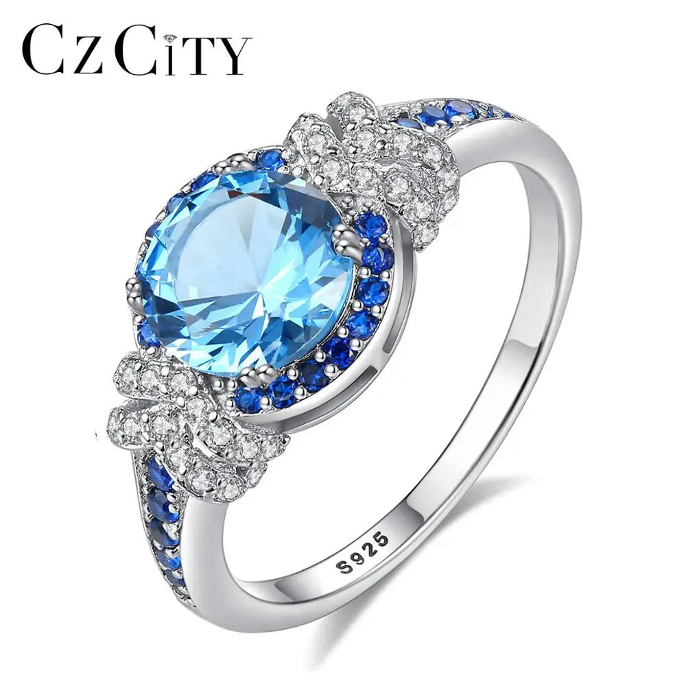 CZCITY Women Precious Gemstone Sapphire 925 Sterling Silver Fashion  Engagement Wedding Ring