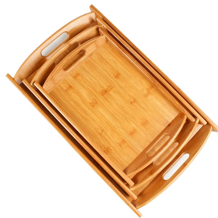 Wholesale Biodegradable Eco-Friendly Classical Handmade Bamboo Plant Pattern 38cm Serving Tray with Handle