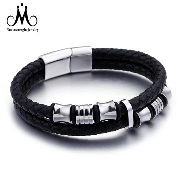 Custom Jewelry Men's Bracelet Magnetic Clasp Stainless Steel Charms Leather Bracelet for Man