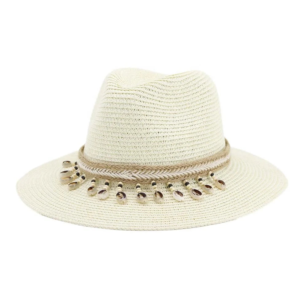 Hot Sale Wholesale Shell Design Summer Wide Brim Fedora Panama Paper Straw Hat for Women Men Outdoor Beach Sun Shade