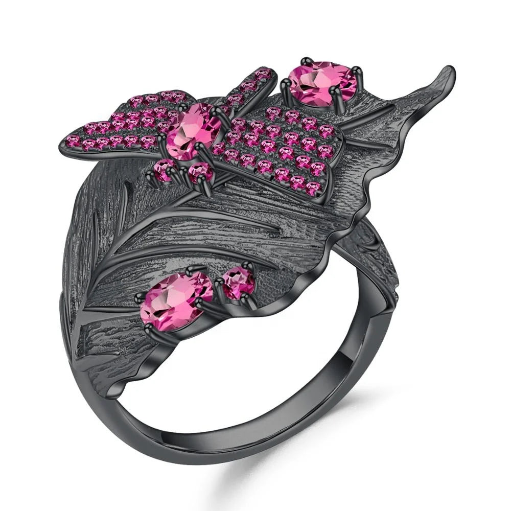 Abiding Fashion Rhodolite Garnet  Finger Rings  Elegant Dragonfly Fine Jewelry Open Rings for Women