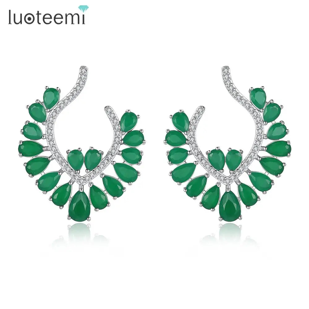 LUOTEEMI Milk Green Big Stud Crystal Women Earrings Elegant Flower Jewelry Wholesale for Party