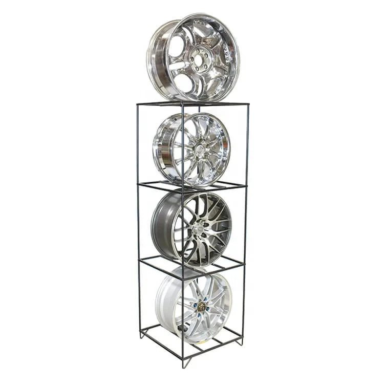Automotive Shop Display Storage Shelving Metal Car Rim Rack Wheel Stand Detachable Design Max 4 22inch Capacity Black Square