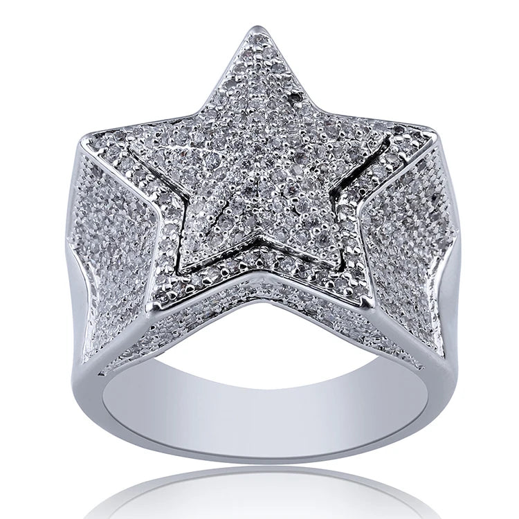 Fashion Hip Hop Jewelry Five Star Rings Men's Gold Silver Color Plated Iced Out CZ Cubic Zircon Brass Ring for Men