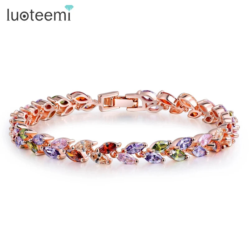 LUOTEEMI Fashion Rose Gold Plated Multi-color Perfect Marquise-cut a AA Cubic Zircon Bracelet for Women