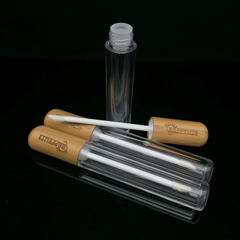 5ml AS Plastic Lip Gloss Container Tube with Brush Bamboo Lid for Cosmetics