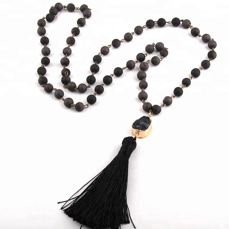 Fashion Women Gemstone Ethnic Jewelry 8mm Rosary Chain Necklace Open Smile Natural Irregular Druzy Tassel Necklace