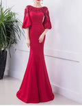 New Fashion Temperament Waist Plum Red High Waist Fishtail Dress Half Sleeve Temperament Elegant  ZYL113