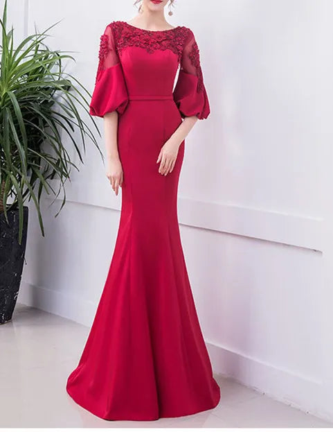 New Fashion Temperament Waist Plum Red High Waist Fishtail Dress Half Sleeve Temperament Elegant  ZYL113
