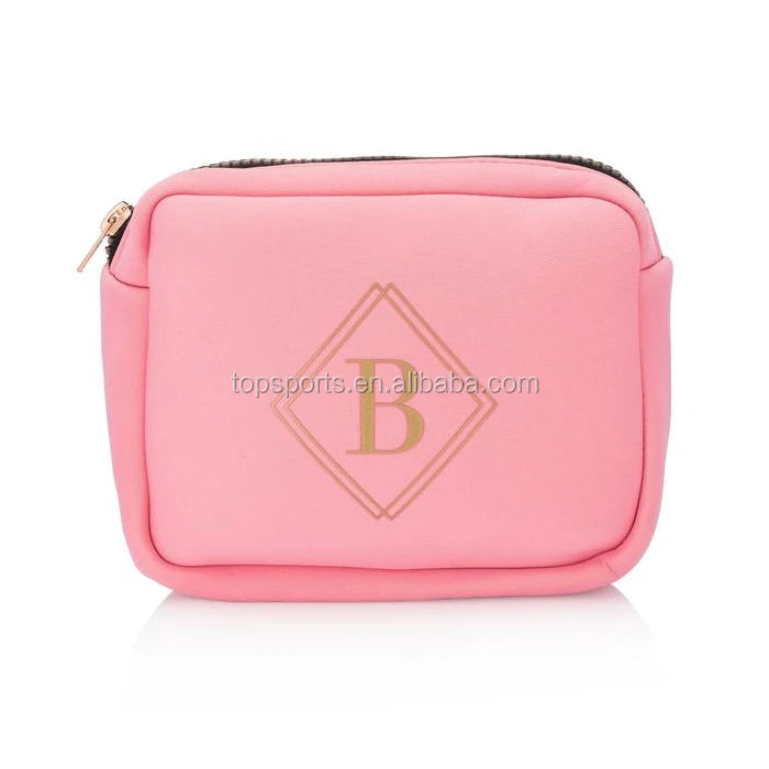 Gold Silk Screen Printing Pink Neoprene Cosmetic Bag Waterproof Travel Cosmetic Pouch With Gold Zipper