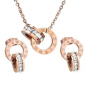 Rose Gold Stainless Steel Jewelry Set for Women Roman Numeral Pendant Necklace & Stud Earrings with Cubic Zircon Wedding Gift
