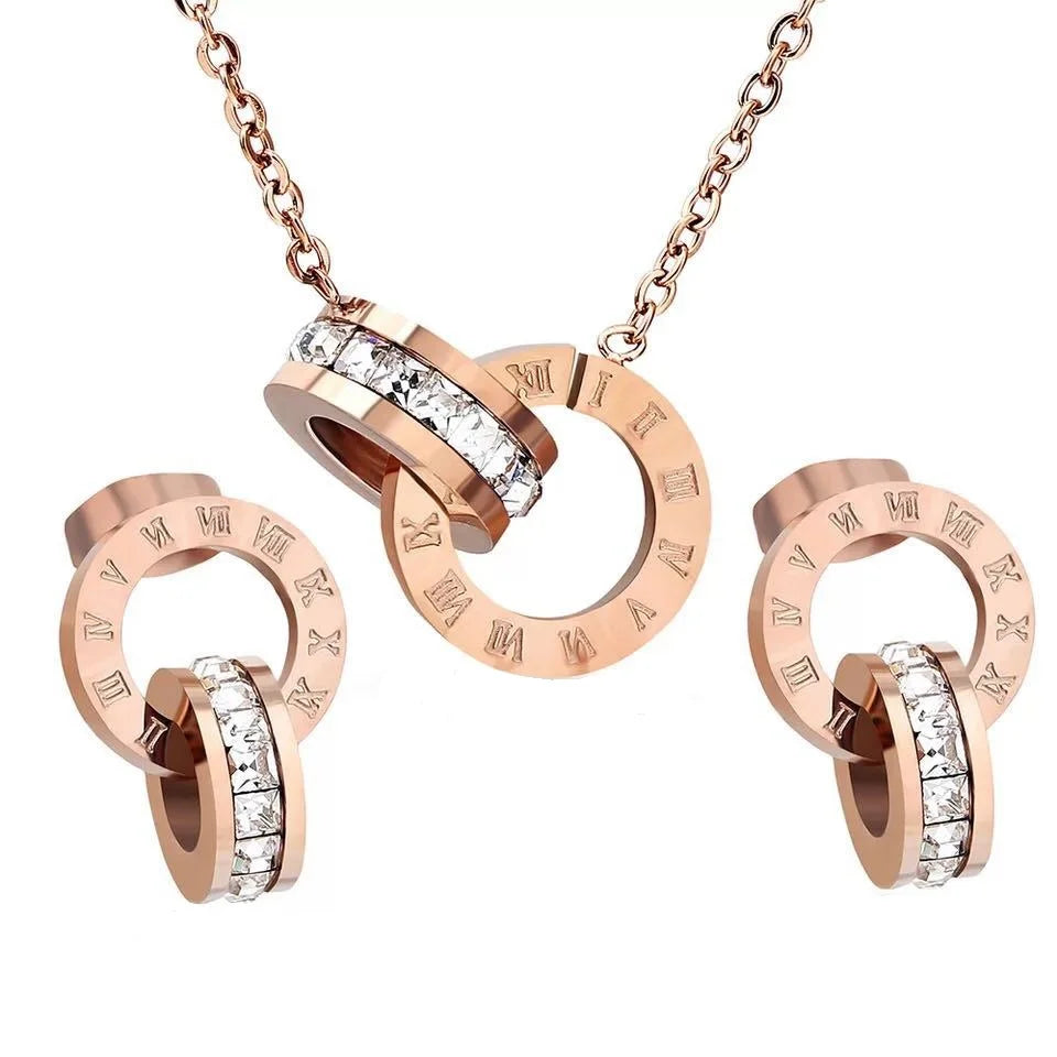 Rose Gold Stainless Steel Jewelry Set for Women Roman Numeral Pendant Necklace & Stud Earrings with Cubic Zircon Wedding Gift