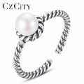 CZCITY New Arrival Real 925 Sterling Silver Natural Pearl Open Size Finger Rings for Women