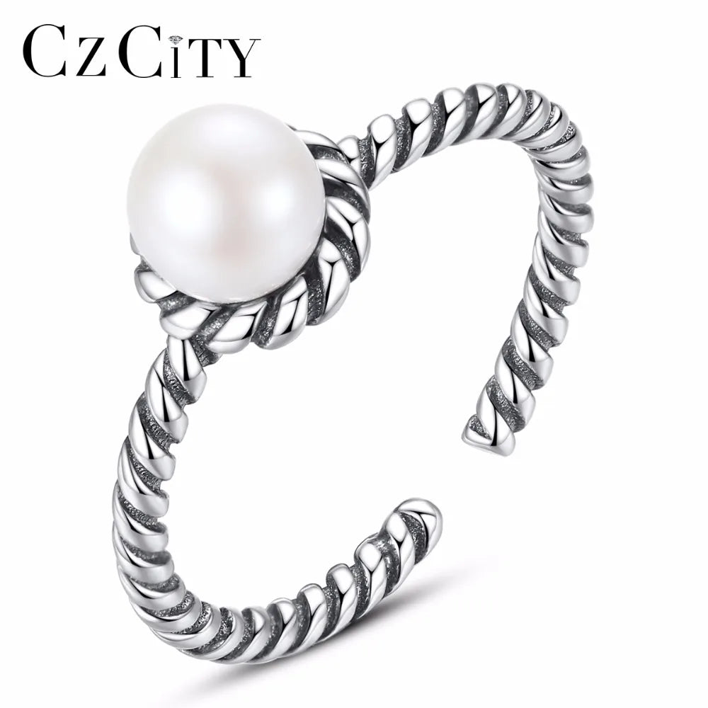 CZCITY New Arrival Real 925 Sterling Silver Natural Pearl Open Size Finger Rings for Women